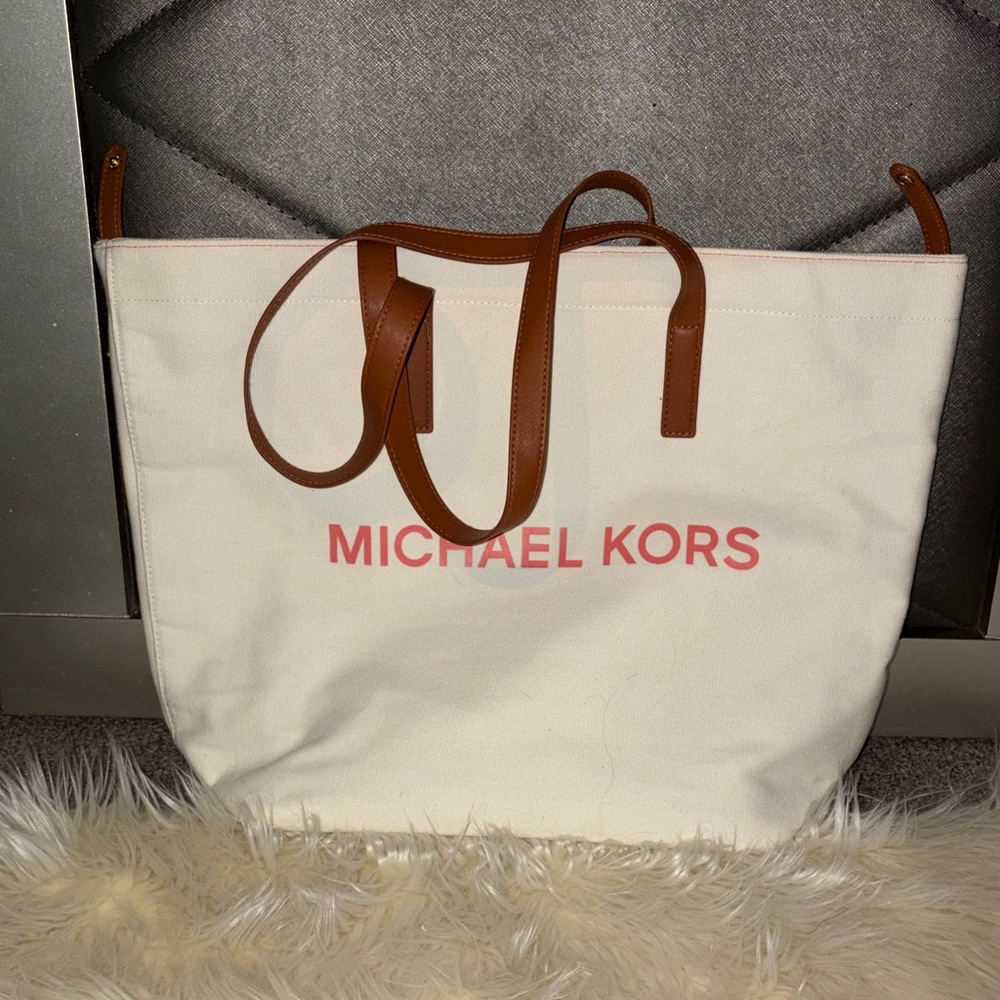 Michael Kors Cream and Pink Canvas Tote